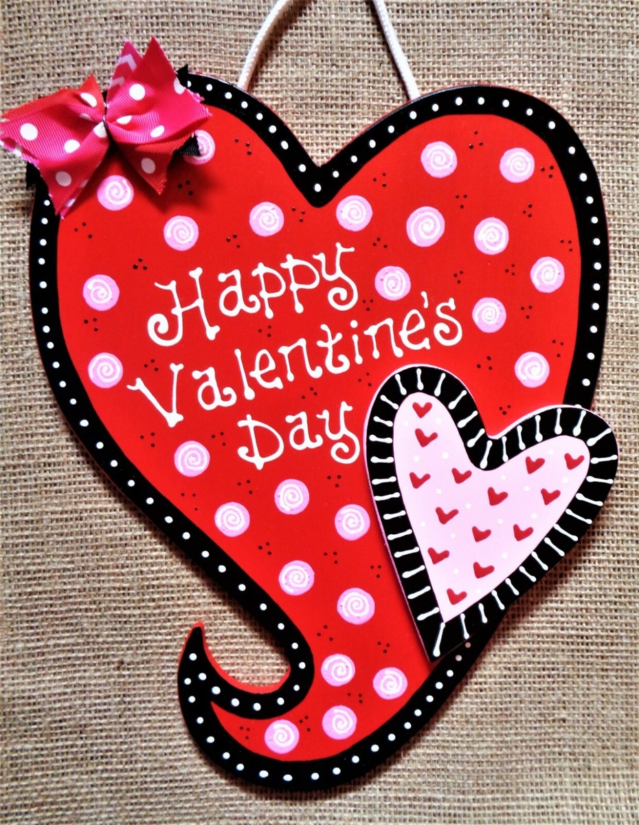 HAPPY VALENTINE'S DAY Heart SIGN Wall Art Door Hanger Plaque Wood
