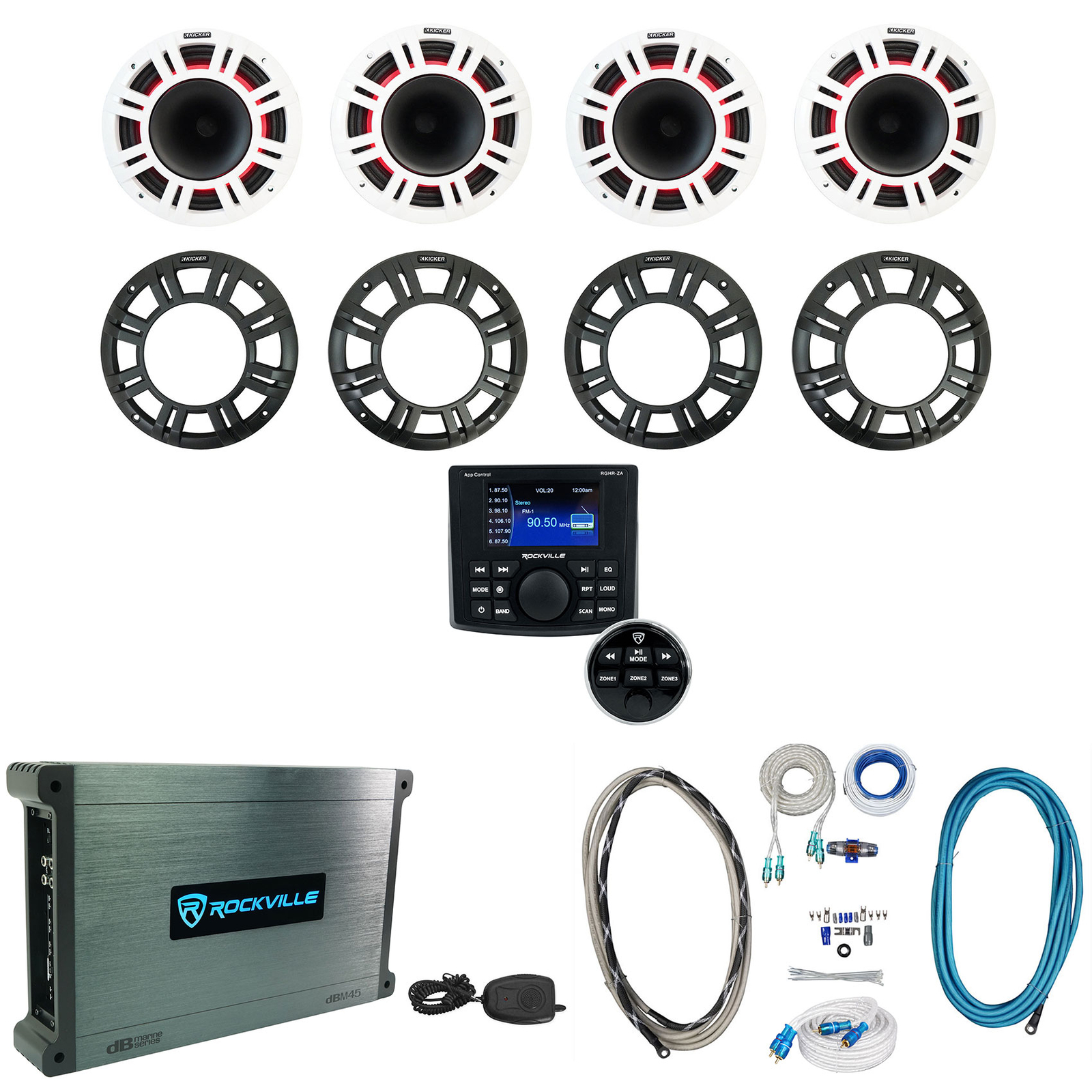 4 KICKER 48KMXL84 - 8 морских динамиков мощностью 500 Вт со светодиодной подсветкойресивер4-канальный усилитель Усилитель KMXL8 271890₽