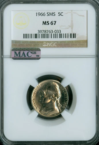 1966 JEFFERSON NICKEL NGC MS67 SMS  MAC SPOTLESS .