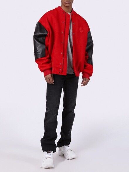 44 Balenciaga Leather trimmed BB logo varsity bomber jacket 44 Balenciaga Leather trimmed BB logo varsity bomber jacket