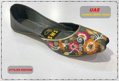Gray WOMEN HANDMADE FLAT JOTI LEATHER KHUSSA SHOE