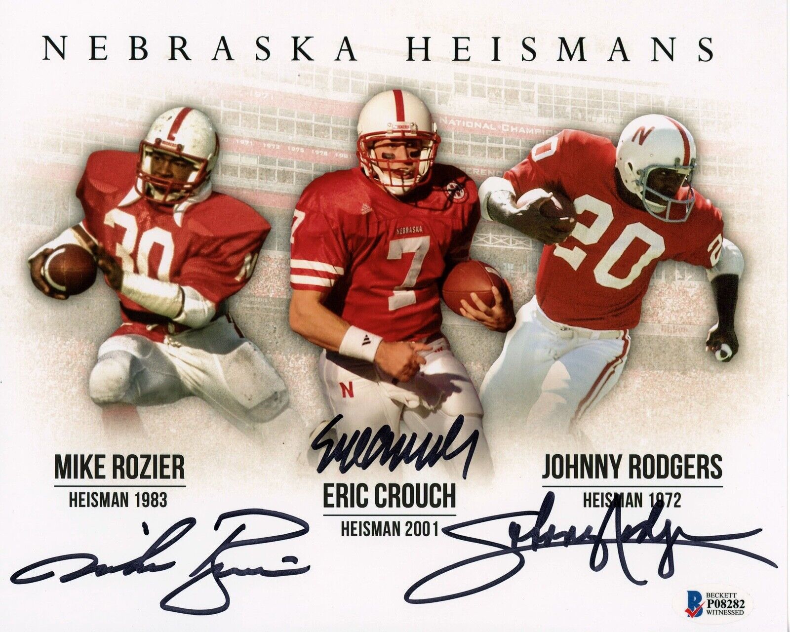 Eric Crouch Mike Rozier and Johnny Rodgers Nebraska Huskers Autographed  Riddell AMP Alternate Speed Replica Helmet with Heisman Inscriptions