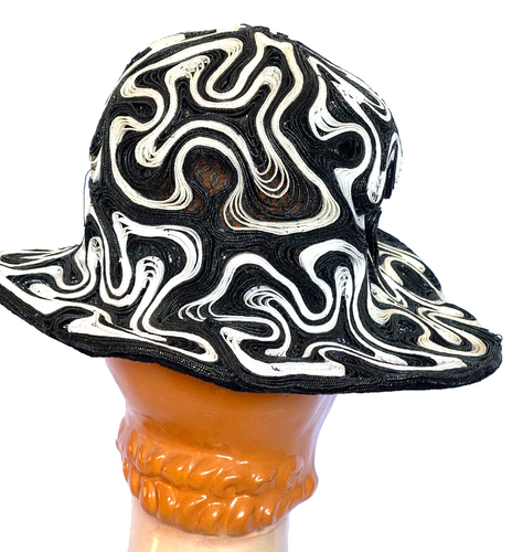 VTG 50s Black White Tlirtette Creation Braided Horsehair Hat Wide Brim - Picture 5 of 6