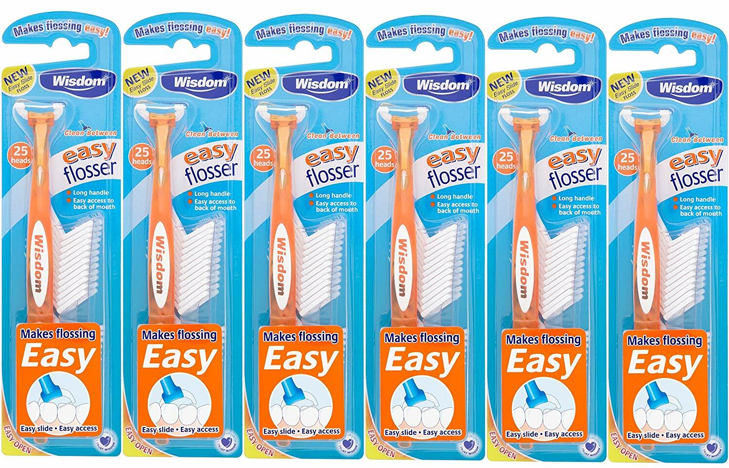 Wisdom Clean Between Easy Flosser (Griff & 25 Zahnseideköpfe) x 6er Packungen