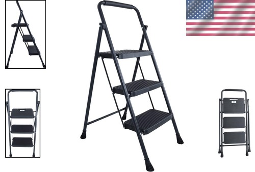 Compact Folding Step Stool - Dark Gray, 3-Step Ladder with Anti-Slip Design - Picture 2 of 8