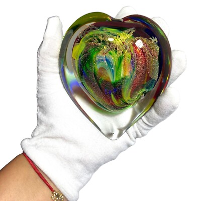 Rollin Karg Signed Heart Paperweight Dichroic Iridescent Handblown Glass 4.5 in