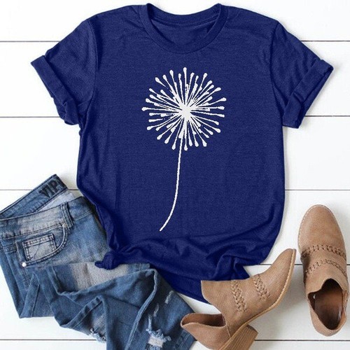 Sommer Damen Rundhals Kurzarm T-Shirt Pusteblume bedruckt Basic Tee Tops - Bild 21 von 77