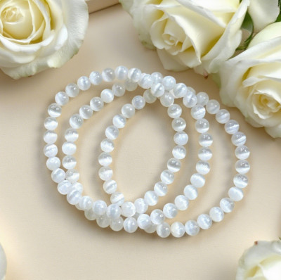 Minimalist Selenite Bracelet 4mm Round Beads Gemstone Stretch Bracelet 1pc
