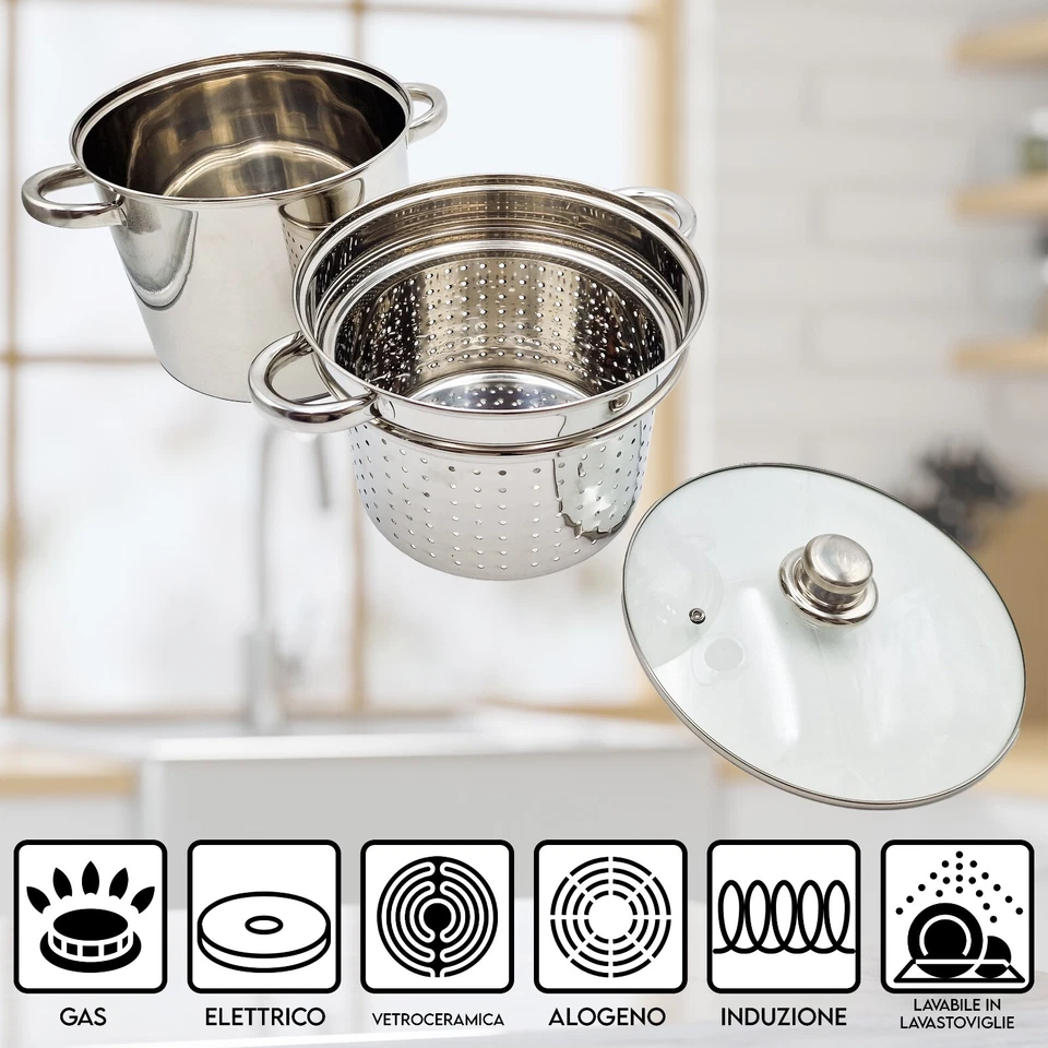 Cuocipasta Pentola Scolapasta con Coperchio e Manici in Acciaio Inox - Immagine 4 di 4