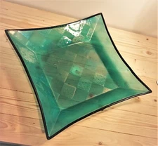 Glass Plate Large Heavy Square Green Dish Home Decor Thick w/Air Bubbles 16.5"