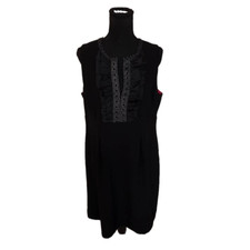 Nine West Womens Black Sleeveless Embroidered Ruffle Trim V Neckline Dress Size