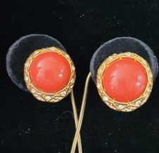 Vintage Kenneth Lane Faux Coral Rhinestone Clip-on Earrings 1980's Dramatic
