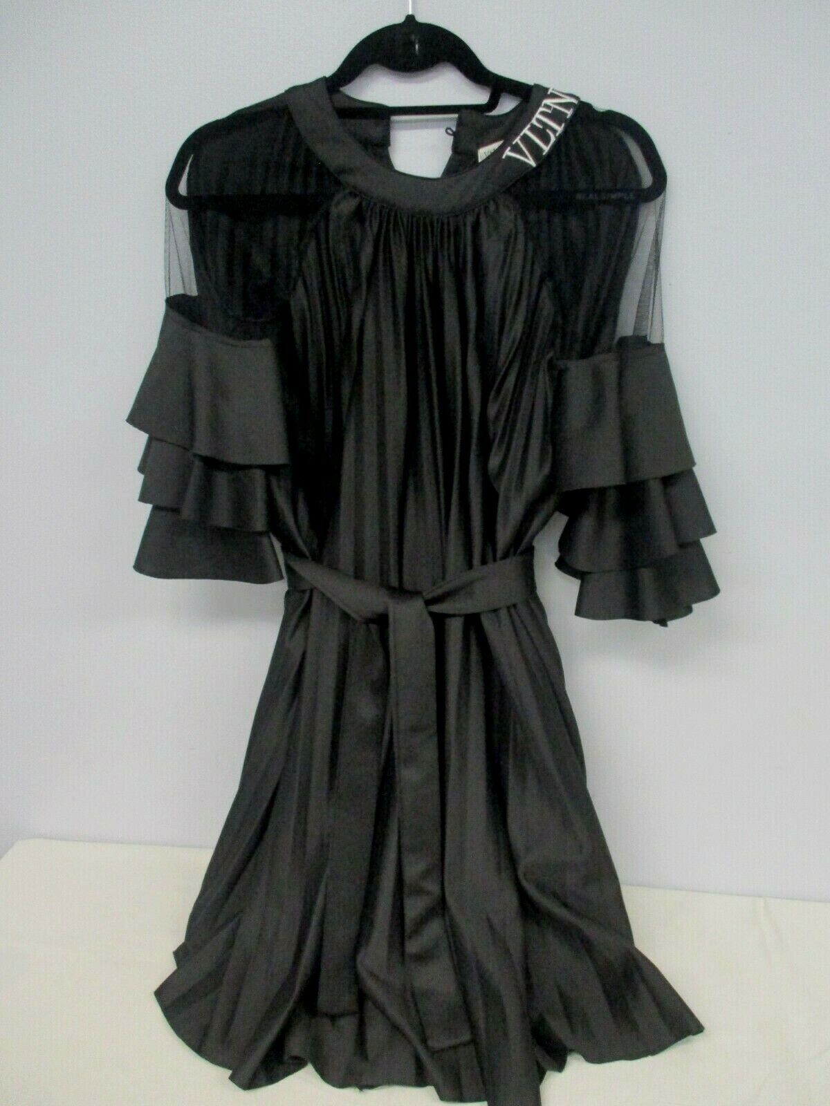 VALENTINO ROMA WOMEN'S BLACK PLEATED MESH RUFFLE SLEEVE BELTED DRESS SIZE  SMALL | eBay