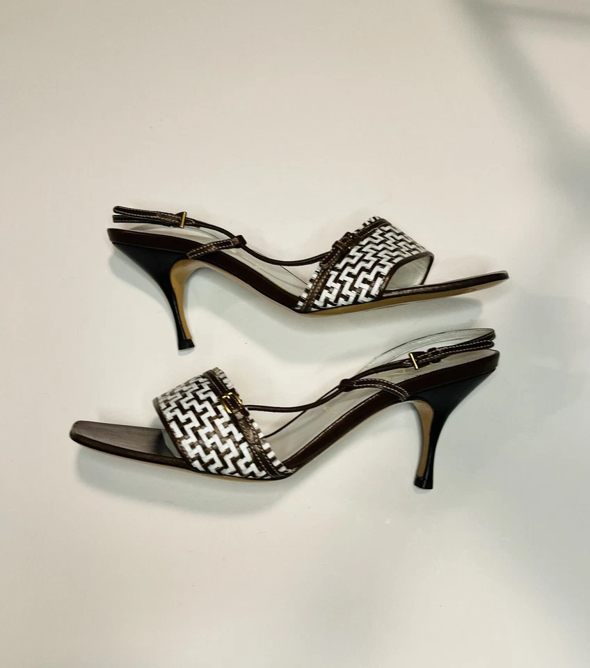 Hermosos tacones al tobillo de dominó tejidos auténticos de Prada para mujer talla 38,5 Foto 4 de 4