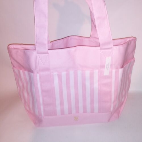 Victoria Secret PINK Tote Bag Pink Signature Stripe Zip Closure Large New - Picture 3 of 19