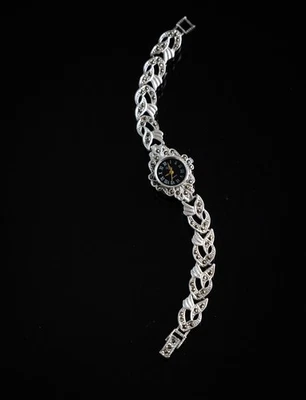 Art Déco Silberuhr 925 Sterling Silber Markasit Schwarzes Zifferblatt 18 cm - Bild 1 von 4