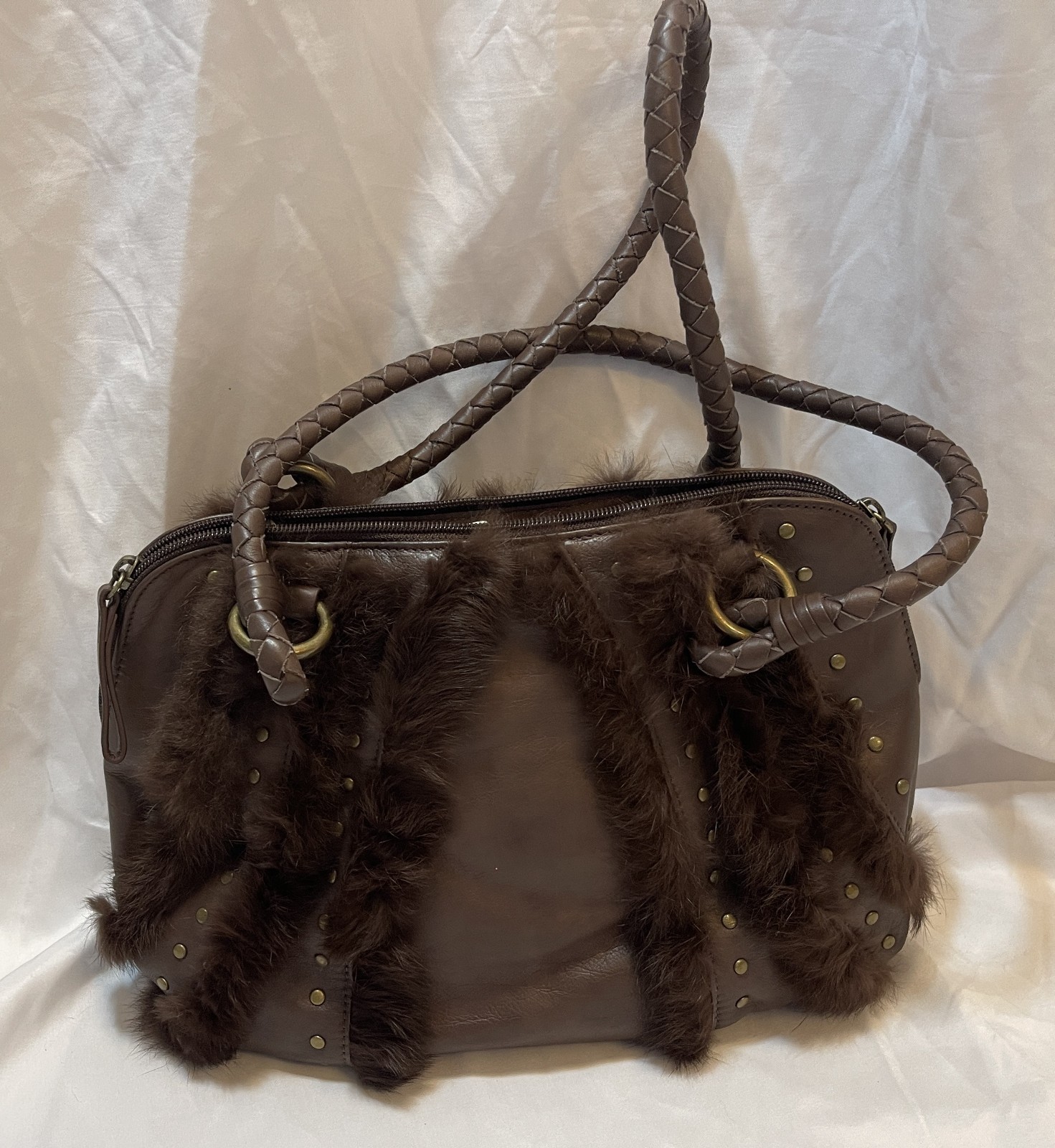 Vtg NEW, 80/90's Brown CAPACCIOLI Italian LEATHER Rabbit Fur, Brass Studs Hobo