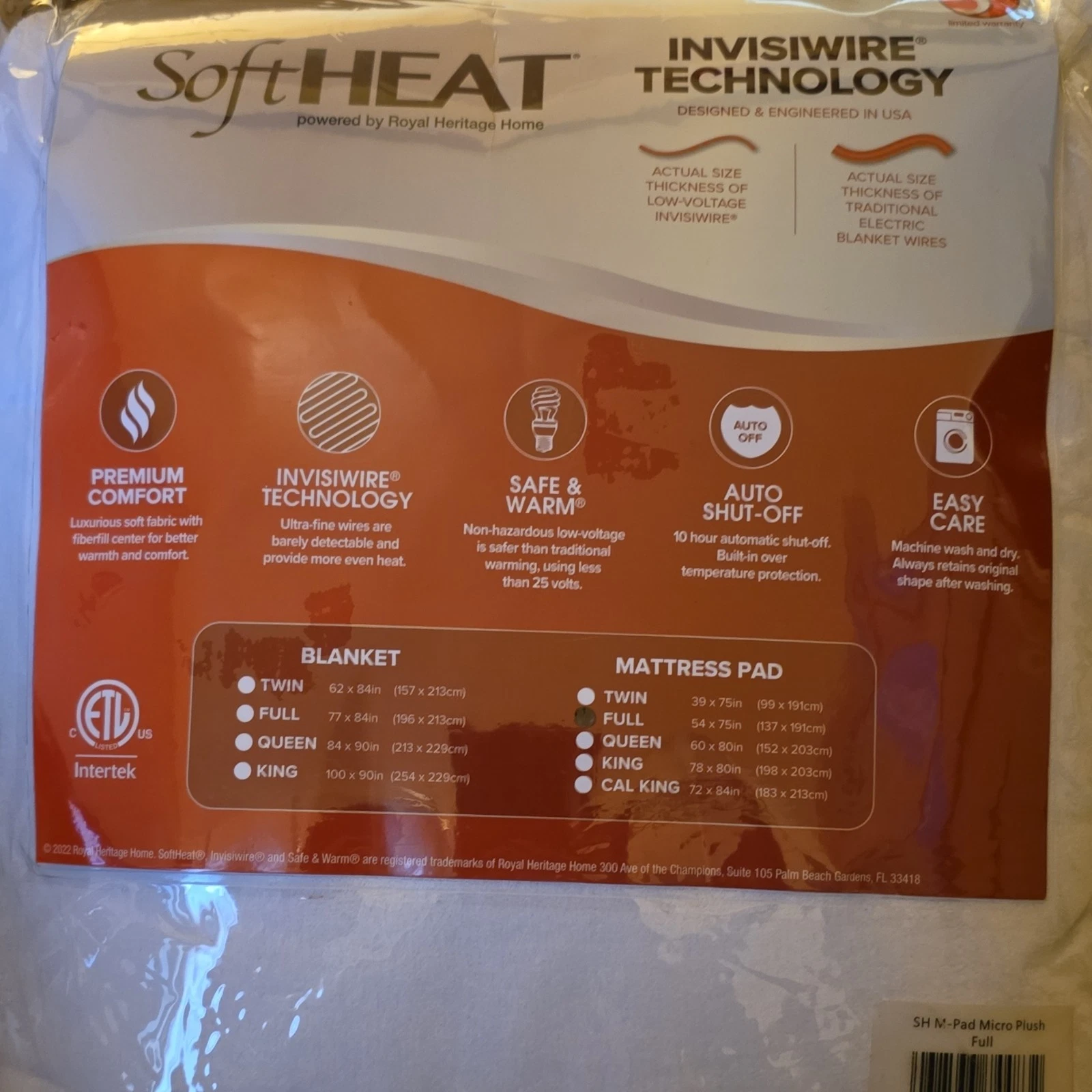 SoftHEAT Micro Plush Full Mattress Pad Auto Shut-Off Quilted Machine Washable