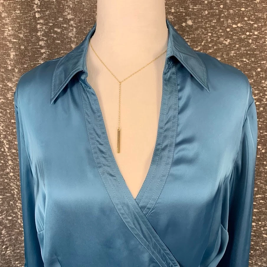 Vintage Agora Blue Satin Wrap Blouse V-Neck Preppy Chic Women's XL - Image 3 of 4