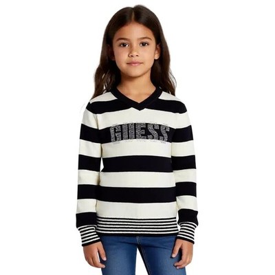 Guess Kids Black White Striped Rhinestone Logo V-Neck Cotton Sweater 6X NWT