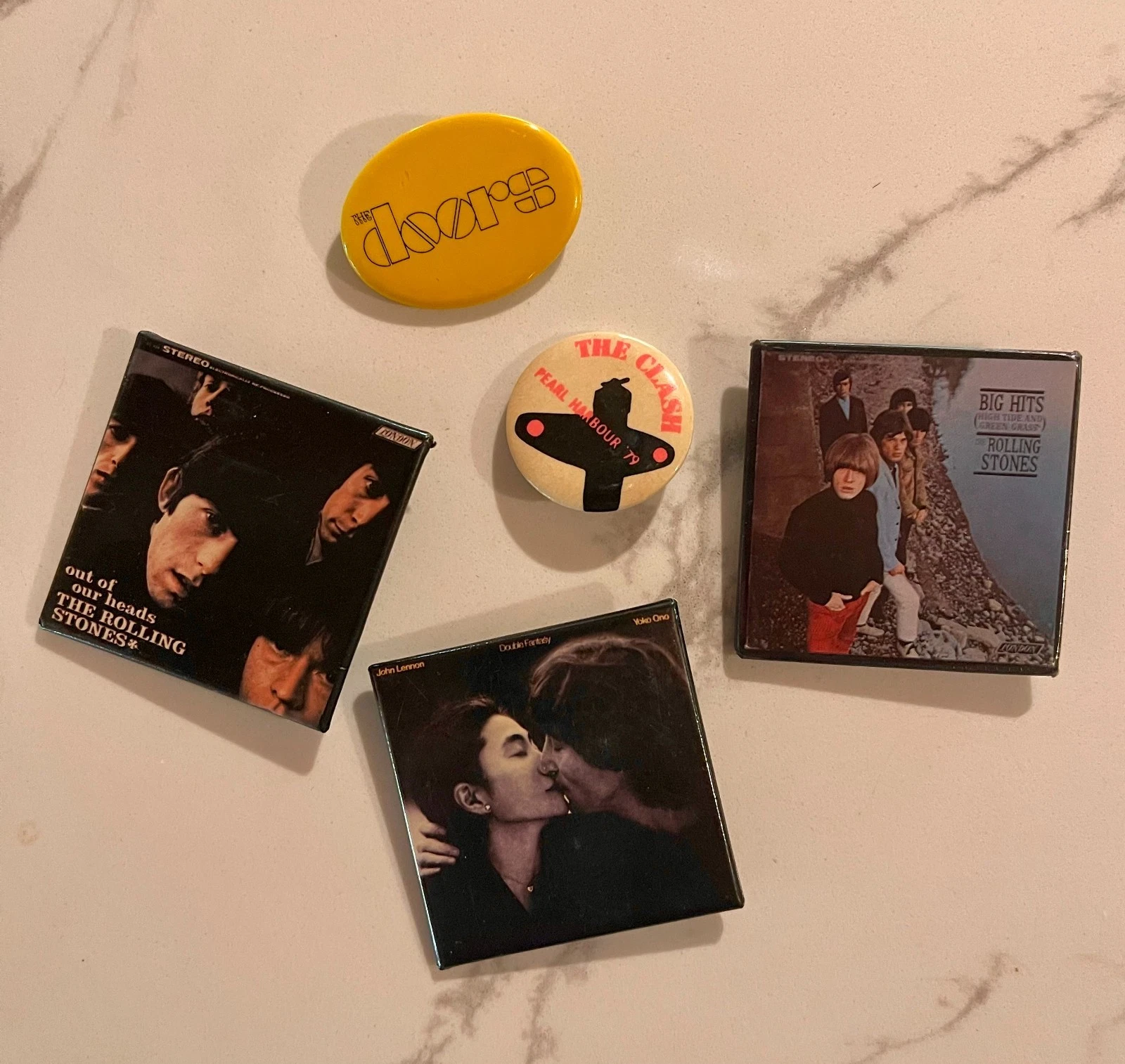 Five Vintage 70s Rock Pins/Buttons Rolling Stones, Doors, Clash, John Lennon