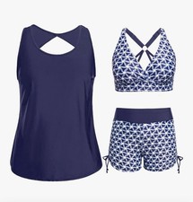 Navy Blue Women 3Piece Plus Size Tankini Swimsuit Tummy Control Bathing Suit 14W