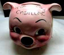 VINTAGE DEFOREST 'FOR MY CADILLAC' PIGGY BANK POTTERY ANIMAL RETRO 5" no stopper