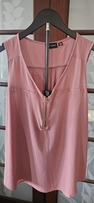 Tempted 1X Plus Pink Zip Front Sleeveless Wide Strap V-Neck Blouse Women
