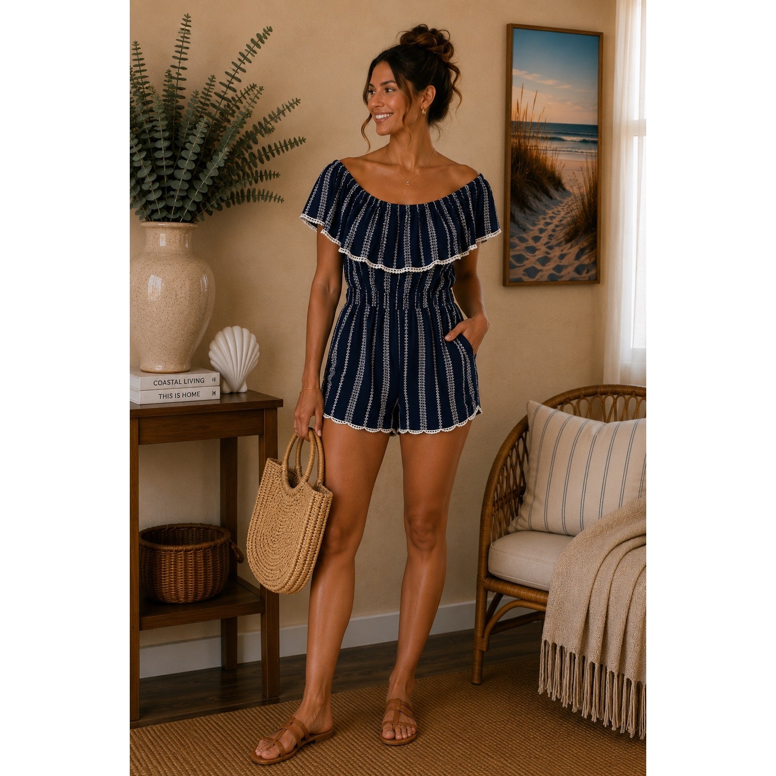 Lulus Embroidered Off The Shoulder Romper Pom Pom Trim Coastal Boho Resortwear M