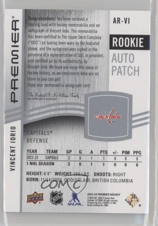 2023-24 Upper Deck Premier Acetate 57/249 Vincent Iorio RPA Rookie Patch Auto - Image 2 of 3