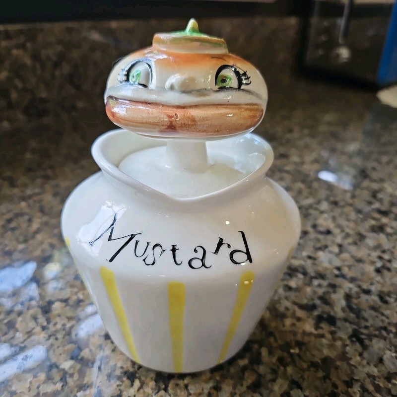 Vtg Anthropomorphic Lefton Mustard Hamburger Head Pixieware Jar Holt Howard Era