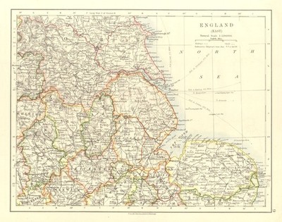 EAST ENGLAND. Lincs Norfolk Leics Notts Staffs Derbys Yorks.  JOHNSTON 1906 map