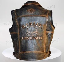 Harley Davidson Distressed Leather Vest Genuine Vintage Motorcycle Biker Gear