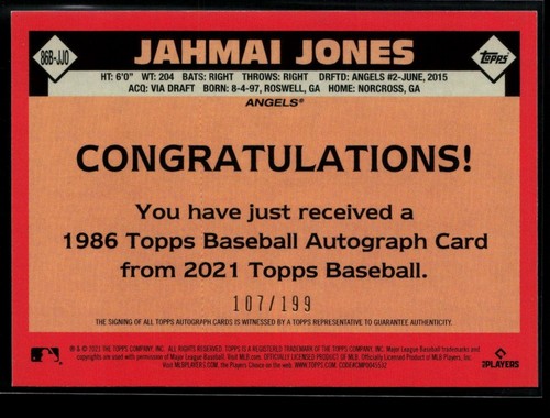 2021 Topps Update '86 Topps Autograph Black #86B-JJO Jahmai Jones RC 107/199 - Picture 2 of 2