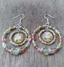 Handcrafted Silver Beaded Hoop Earrings Yellw And Peach.