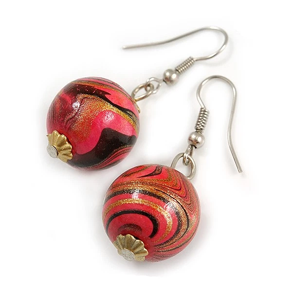 40mm L/ Colour Fusion Wood Bead Drop Earrings In Silver/Deep Pink/ Black/ Golden - Image 4 of 4