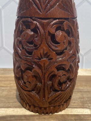 Wooden Hand Carved 12  Tiki Island Beach Floral Vase Vintage MCM Vase -F3
