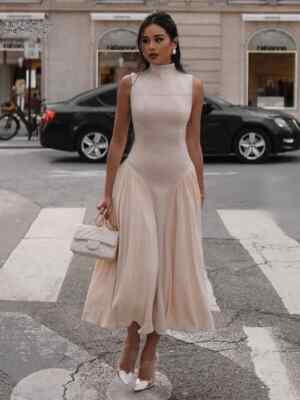 Mesh Sleeveless Midi Dress for Women Elegant Half-turtleneck Slim Dresses