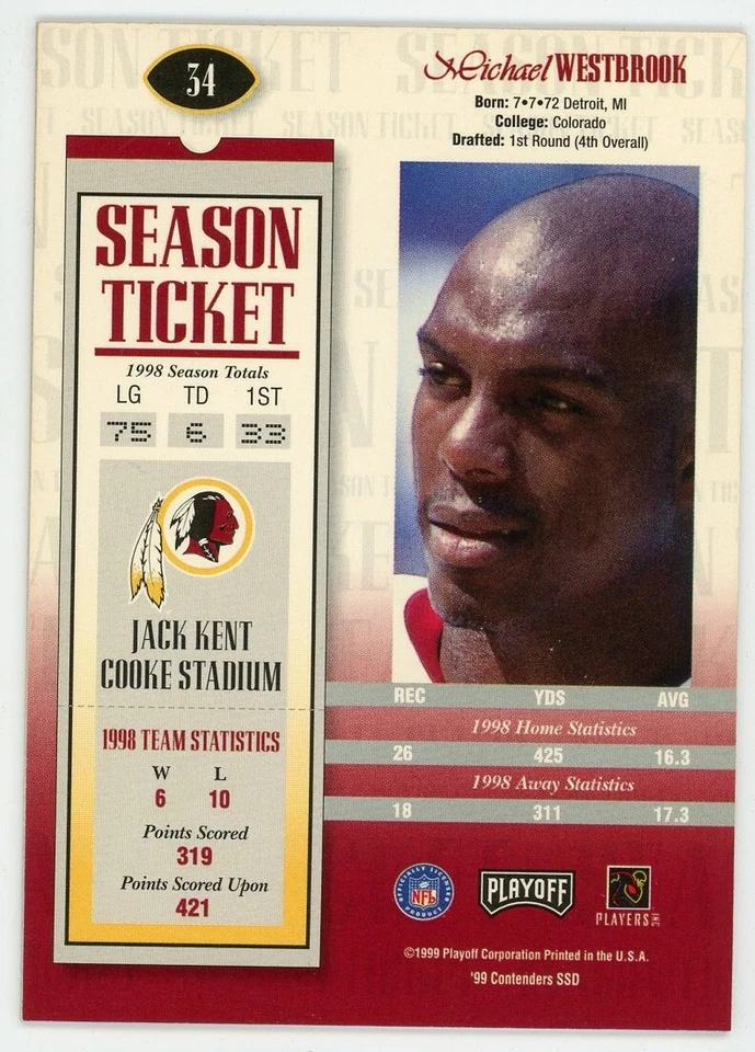 1999 Playoff Contenders SSD Michael Westbrook #34 - Image 2 of 2