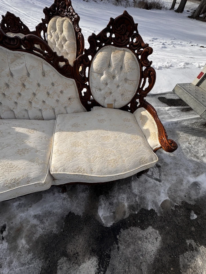 Carved Brown Wooden Antique Large Long Sofa Couch With Loveseat & Chair - Image 4 of 4