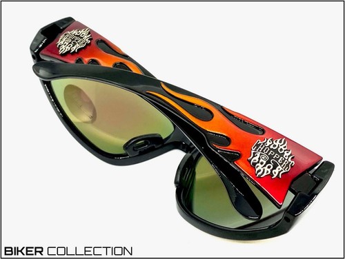 Men Hardcore MOTORCYCLE BIKER Riding Protective SUN GLASSES Red Flames Gold Lens - Picture 2 of 8