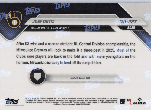 2025 Topps Road to Opening Day OD-227 Joey Ortiz - Free Shipping Always! - Picture 2 of 2