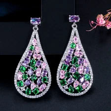925 Sterling Silver Silver Plated CZ Multicolor Long Lute Round Drop Earrings