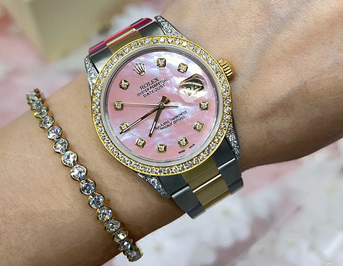 hungersnød Læne ægtemand Rolex 36mm Datejust Pink Mother Of Pearl Diamond Dial 2 Tone Watch Oyster  Band | eBay