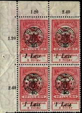 Romania Hungary 1919 Orad FLOOD  RELIEF 1Leu/10FILL , MNH,OG,GENUINE bl 4 corner