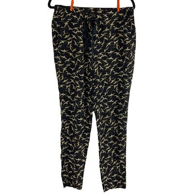 Giada Forte Pants Black Yellow Bird Print Drawstring Waist Elastic Waist Pockets