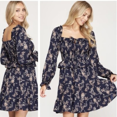 She + Sky Women s L Smocked Waist Midnight Blue Floral Long Sleeve Mini Dress