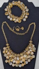 Drop Choker, Bracelet And Hook Earrings Set, Pale Peachy Gold Beads On Goldtone