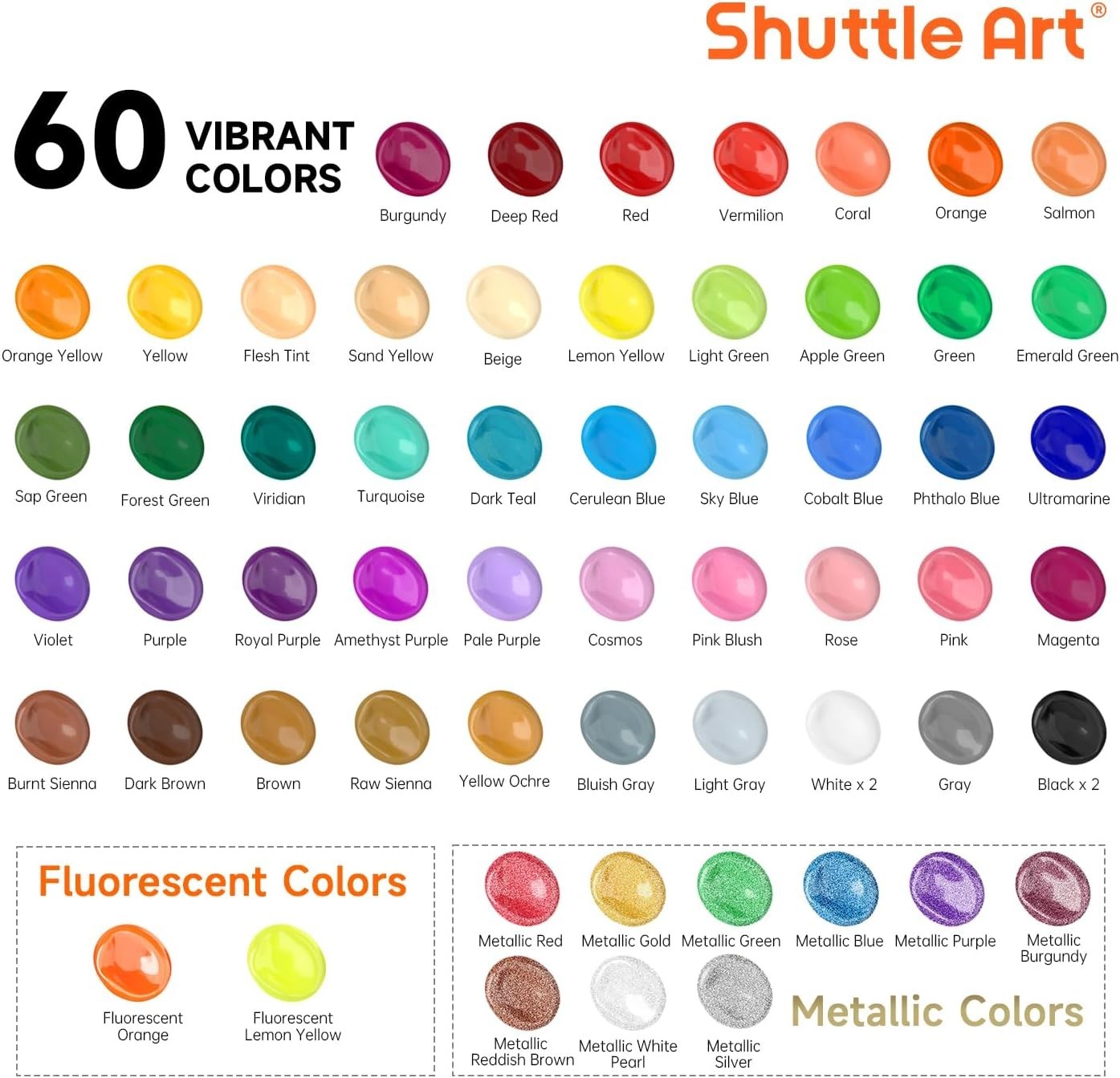 Metallic Acrylic Paint Set, 60 Colors + Brushes
