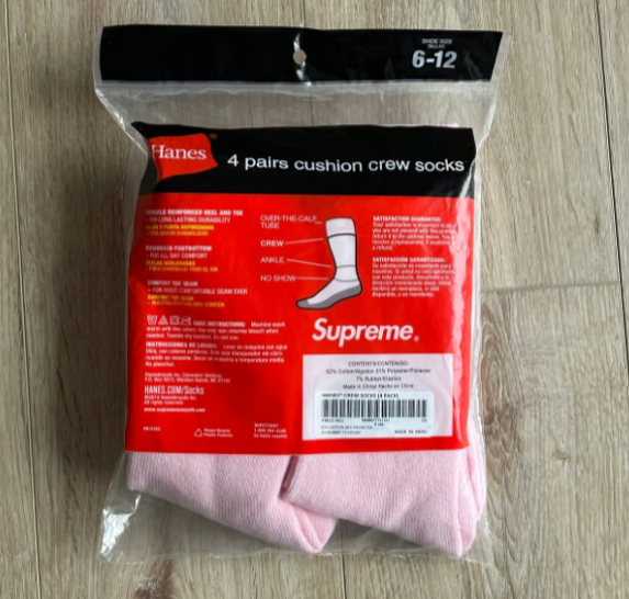 Pink Supreme Hanes Crew Socks 4 Pack Size 6-12 Unisex Streetwear